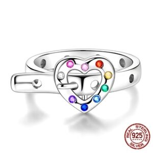 925 Sterling Silver Heart Ring with Multicolor Stones Sz 6